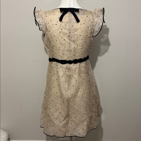 Valentino Beige Silk Polka Dots Embroidered Ruffle Sleeve Bow Waist Flare Dress - Picture 7 of 12